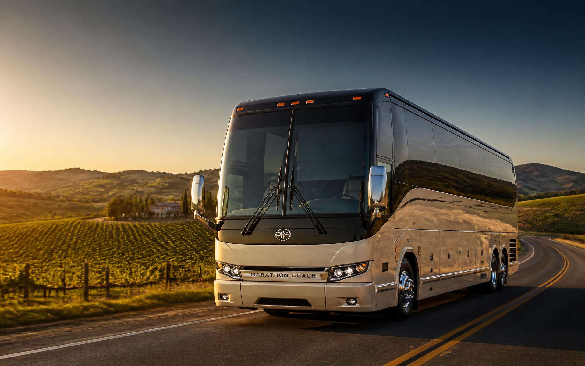 Luxury motorcoach on a Sonoma County wine country road at golden hour
